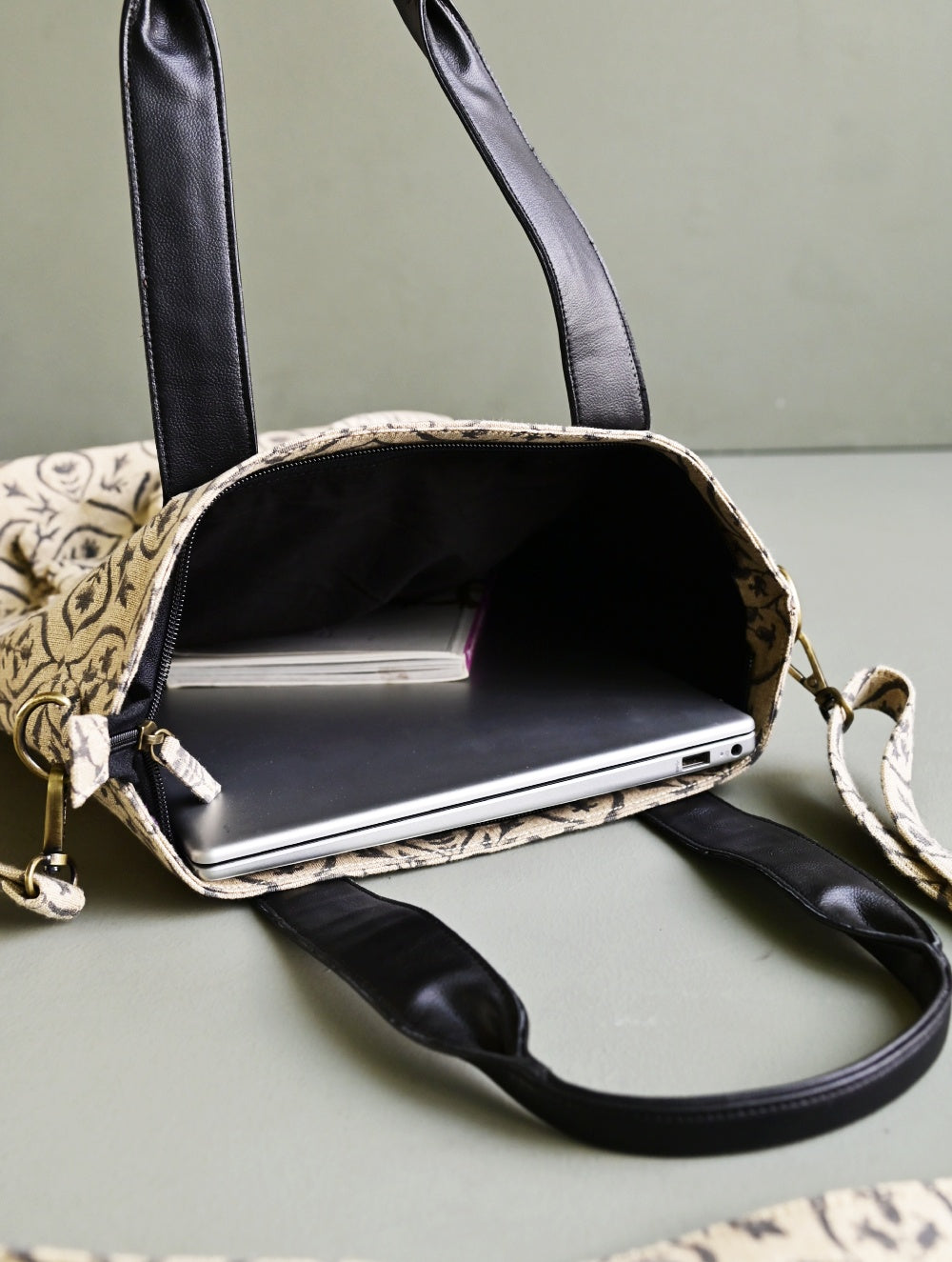 The Traveller’s Collection: Handblock Print Conference Bag - Tan Floral Tote
