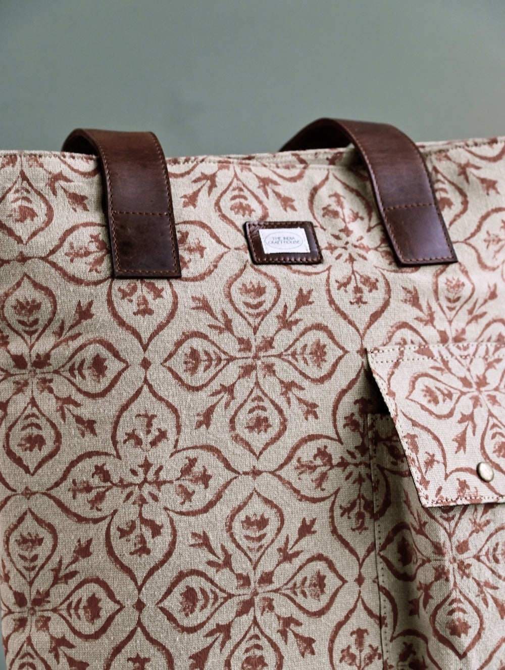 The Traveller’s Collection: Handblock Print Conference Bag - Tan Floral Tote
