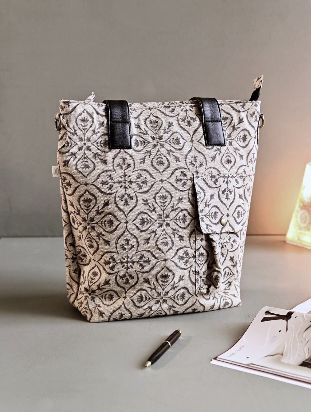 The Traveller’s Collection: Handblock Print Conference Bag - Ebony Floral Tote