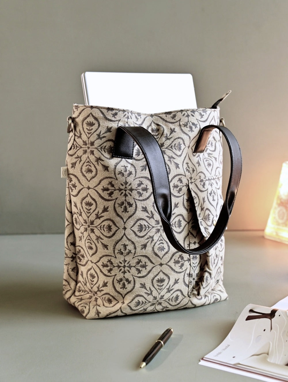 The Traveller’s Collection: Handblock Print Conference Bag - Ebony Floral Tote