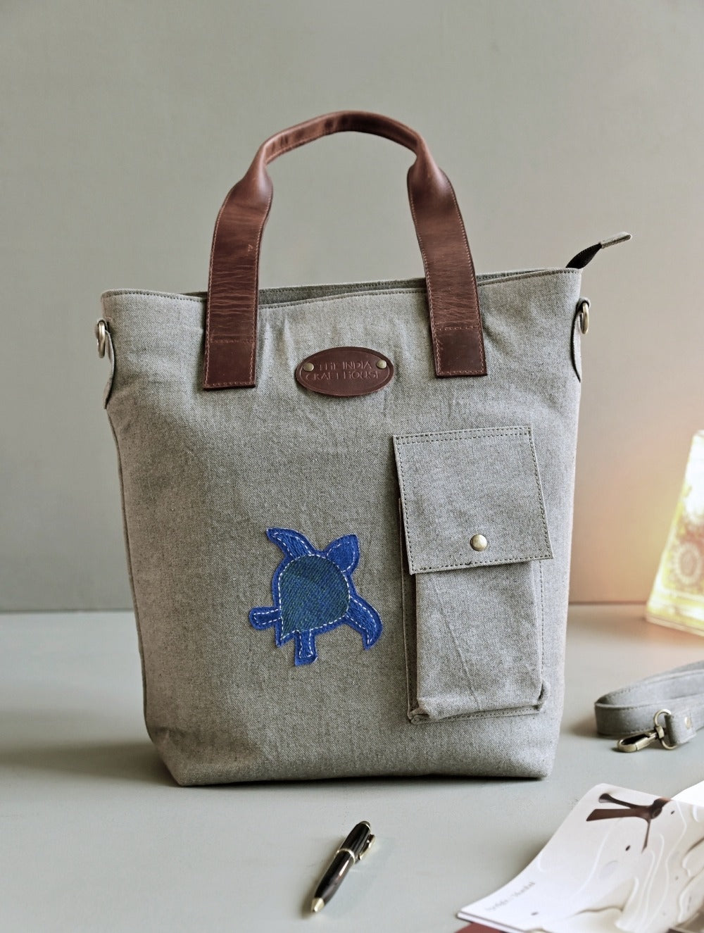 Kantha Caravan Collection: The Kantha & Canvas Conference Bag - Mist Turtle Tote