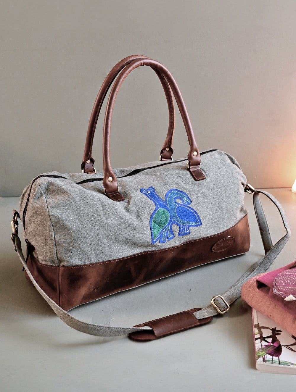 Kantha Caravan Collection: The Kantha & Canvas Duffle Bag - Slate Peafowl (Large)