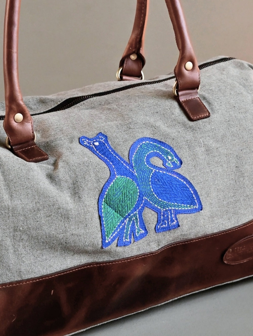Kantha Caravan Collection: The Kantha & Canvas Duffle Bag - Slate Peafowl (Large)
