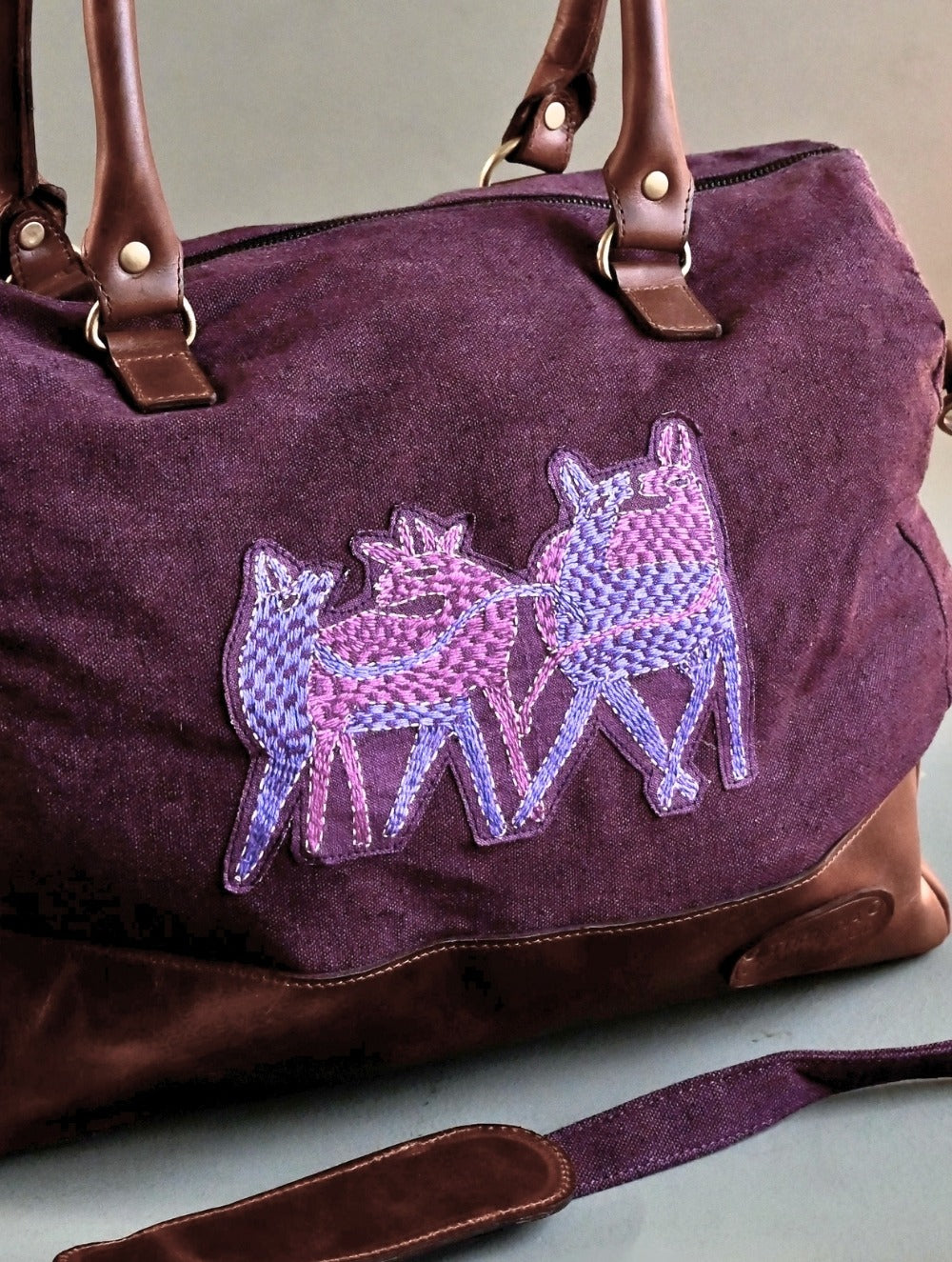 Kantha Caravan Collection: The Kantha & Canvas Duffle Bag - Mulberry Deer (Large)