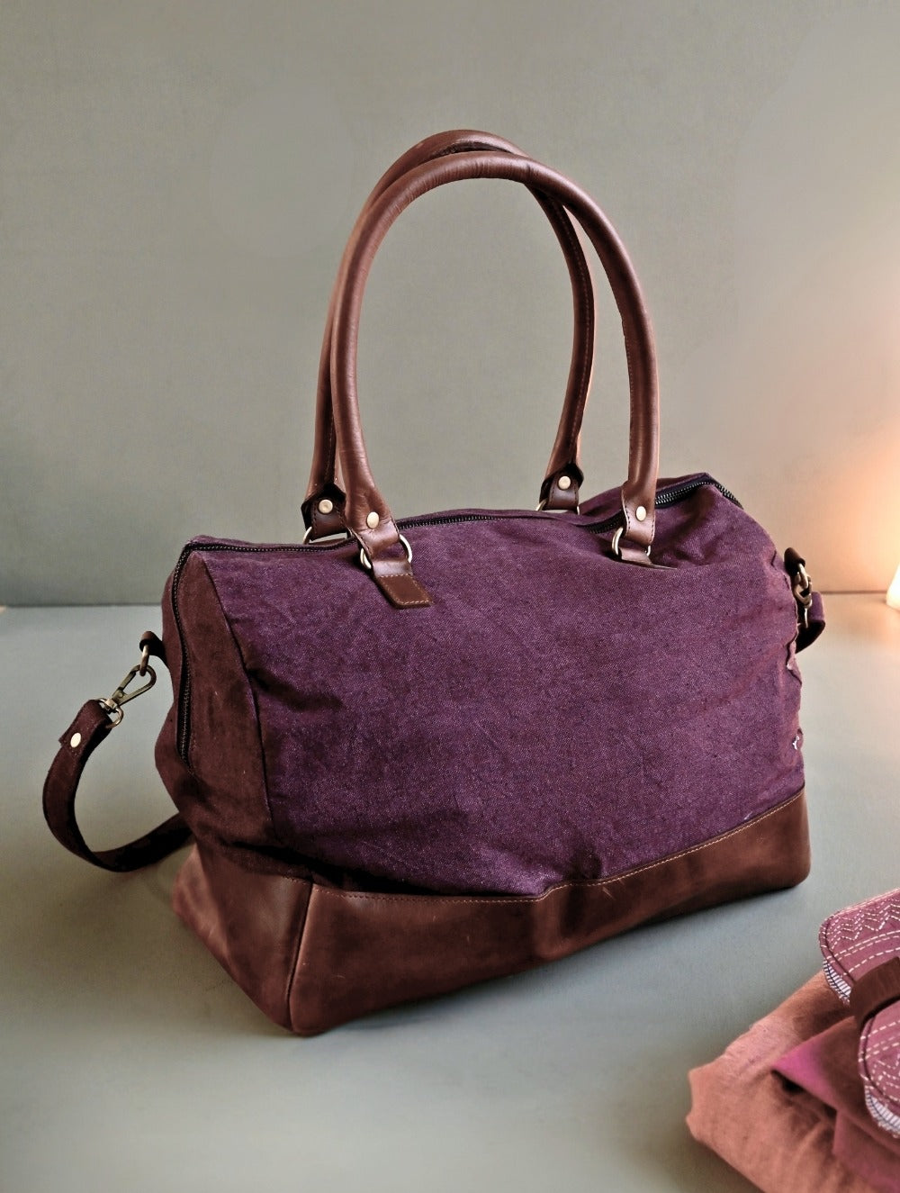 Kantha Caravan Collection: The Kantha & Canvas Duffle Bag - Mulberry Deer (Large)