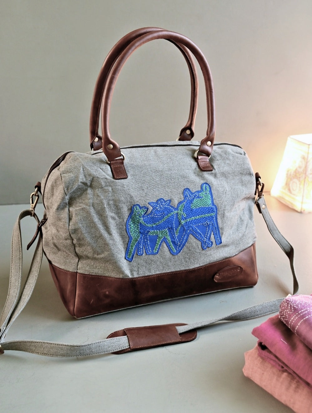 Kantha Caravan Collection: The Kantha & Canvas Duffle Bag - Cobalt Deer
