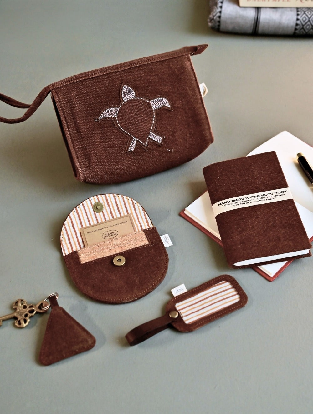 Kantha Caravan Collection: The Kantha & Canvas Travel Set - Cocoa Turtle (Set of 5)