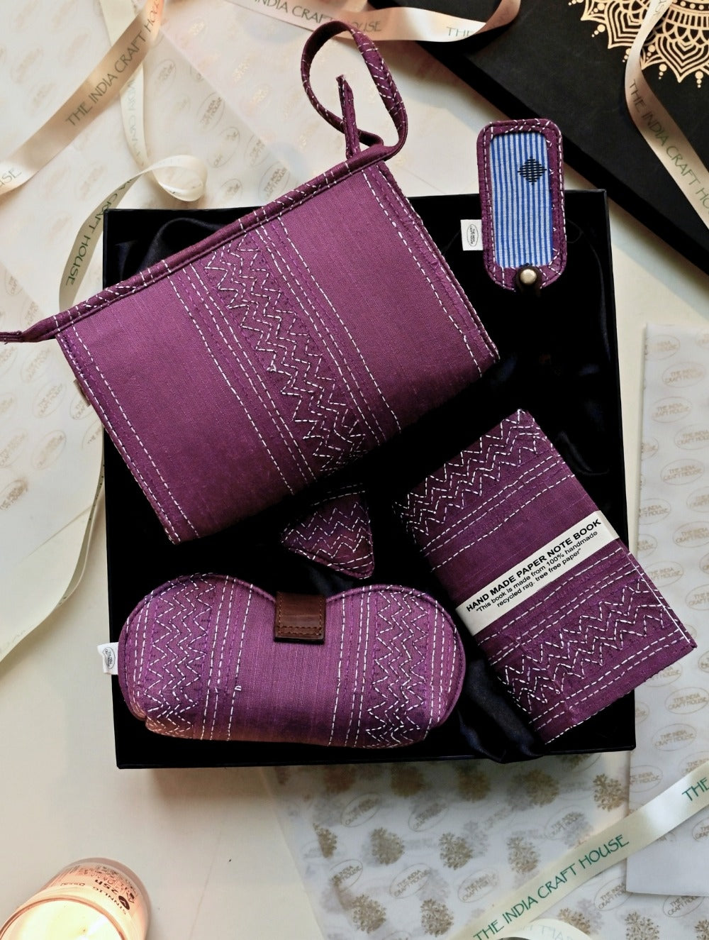 Kantha Caravan Collection: The Kantha Emroidered Travel Set - Plum Stich (Set of 5)
