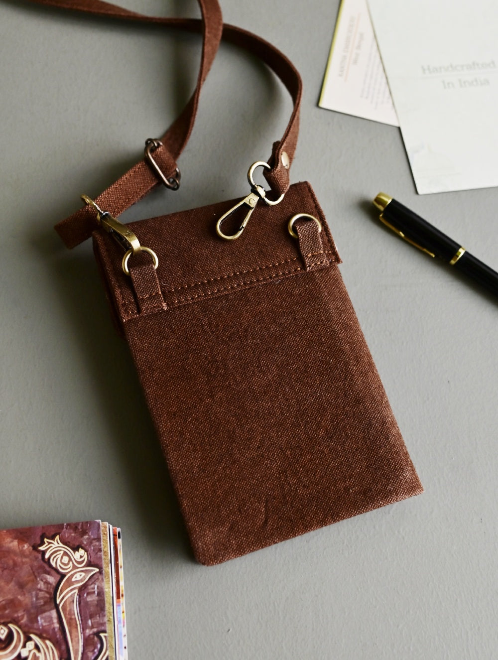 Kantha Caravan Collection: The Kantha & Canvas Cross Body Sling Bag with Journal - Tan Whales