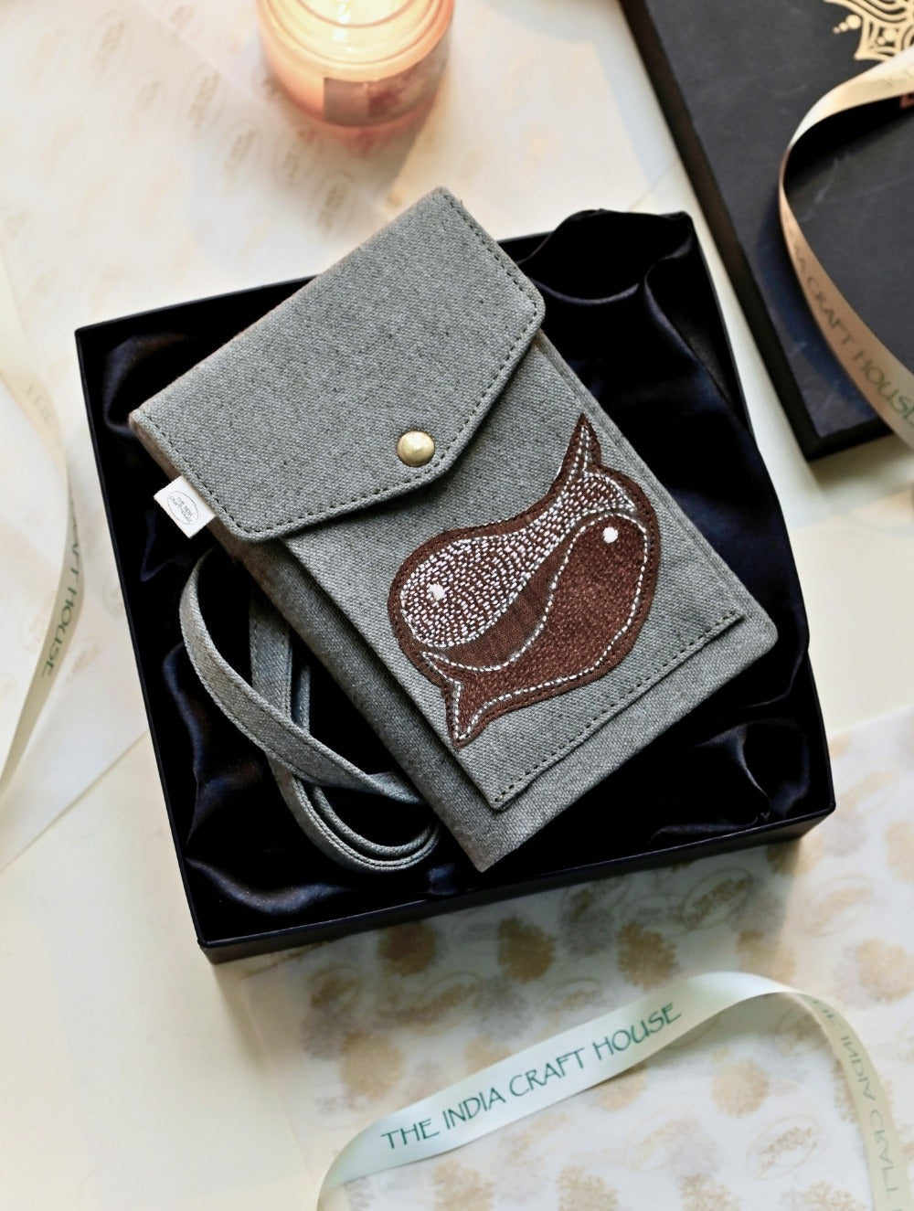 Kantha Caravan Collection: The Kantha & Canvas Cross Body Sling Bag with Journal - Slate Whales