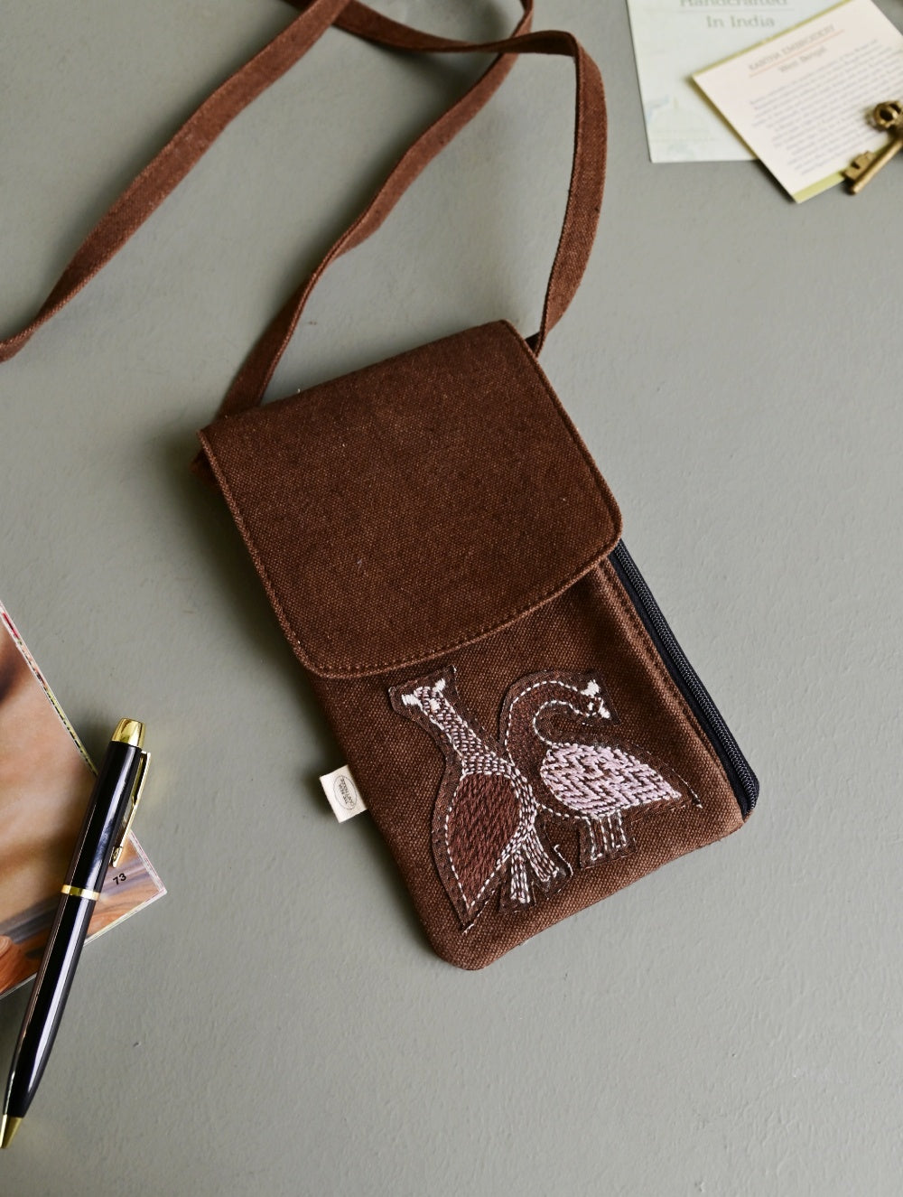 Kantha Caravan Collection: The Kantha & Canvas Cross Body Mobile Sling Bag - Walnut Peacocks