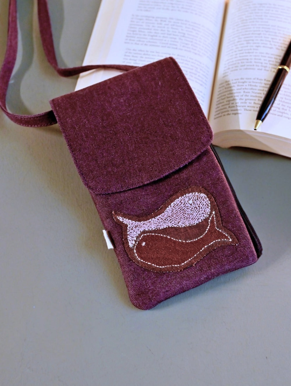 Kantha Caravan Collection: The Kantha & Canvas Cross Body Mobile Sling Bag - Plum Fish