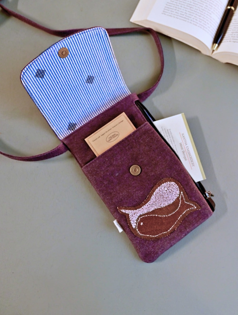 Kantha Caravan Collection: The Kantha & Canvas Cross Body Mobile Sling Bag - Plum Fish