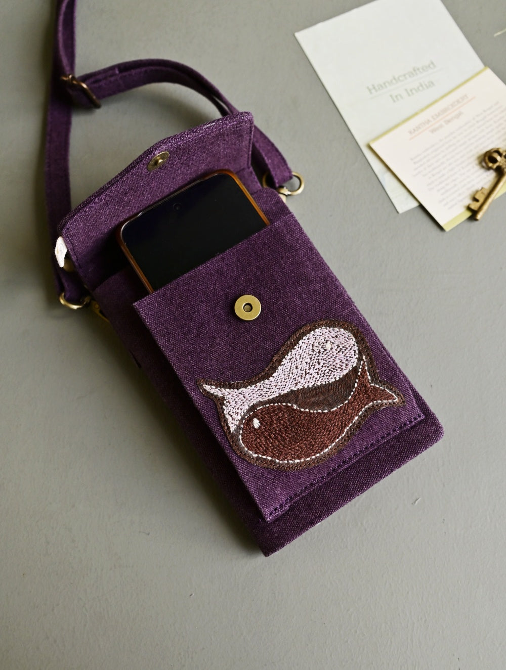 Kantha Caravan Collection: The Kantha & Canvas Cross Body Mobile Sling Bag - Plum Fish