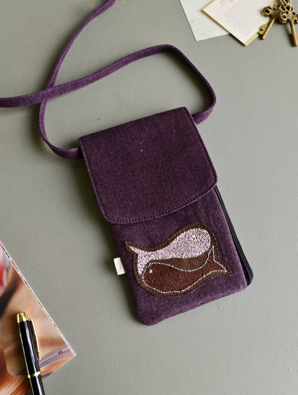 Kantha Caravan Collection: The Kantha & Canvas Cross Body Mobile Sling Bag - Plum Fish