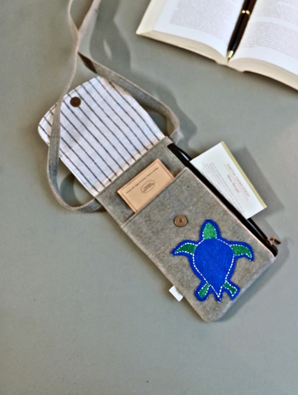 Kantha Caravan Collection: The Kantha & Canvas Cross Body Mobile Sling Bag - Mist Turtle