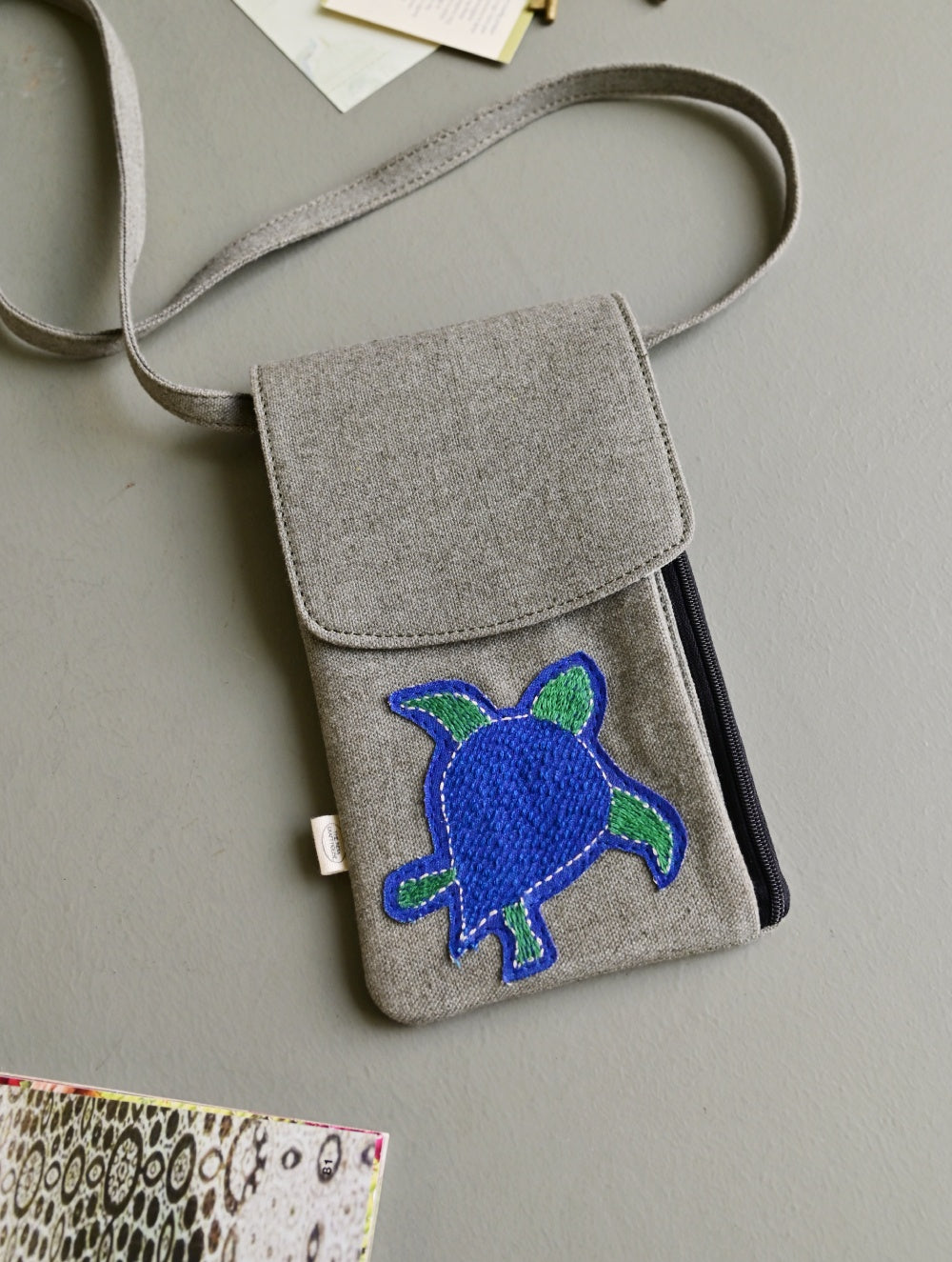 Kantha Caravan Collection: The Kantha & Canvas Cross Body Mobile Sling Bag - Mist Turtle