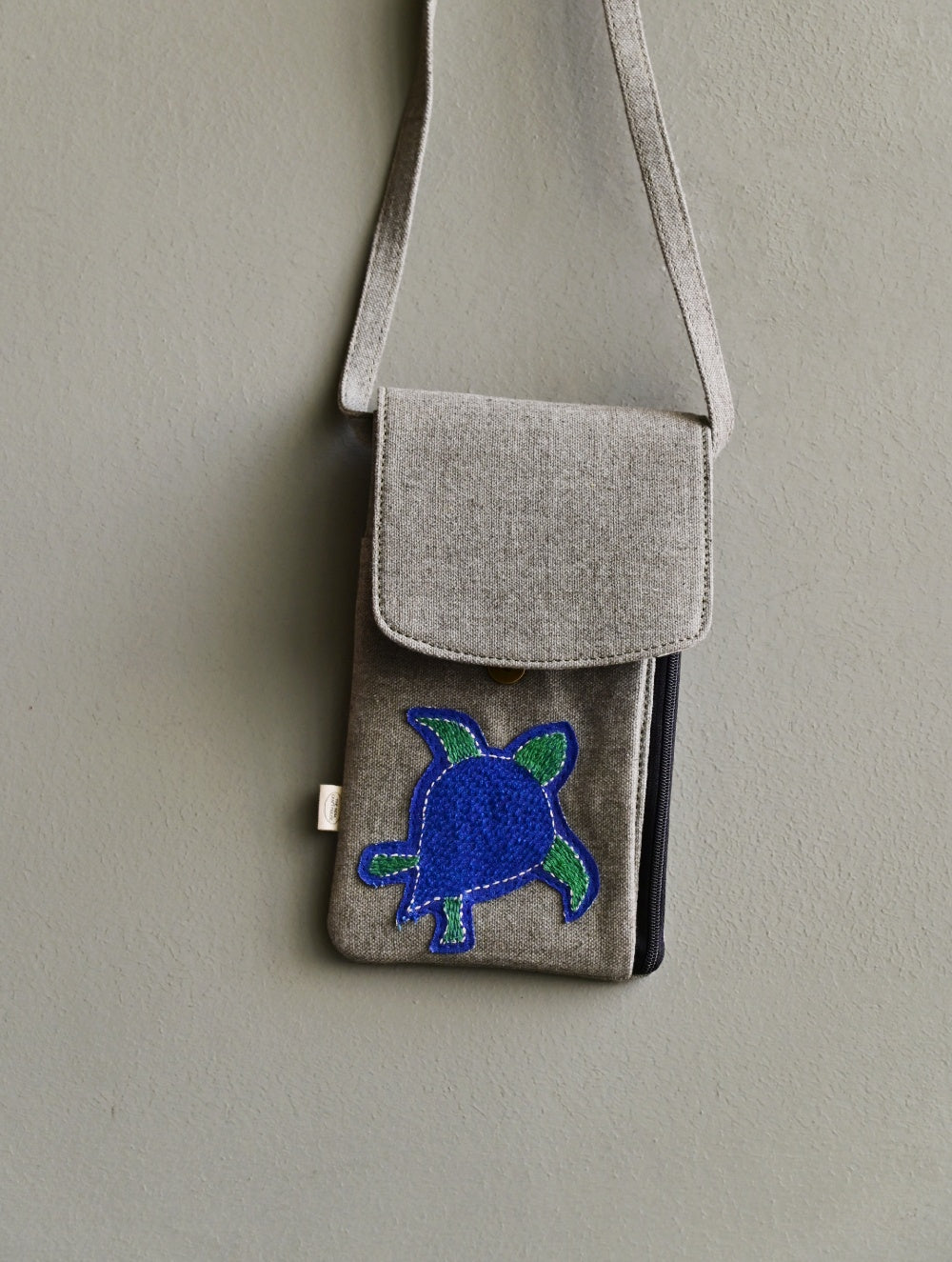 Kantha Caravan Collection: The Kantha & Canvas Cross Body Mobile Sling Bag - Mist Turtle