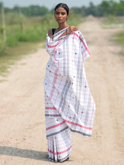 Bengal Weaves. Handwoven Soft Cotton Saree - Ivory Grid