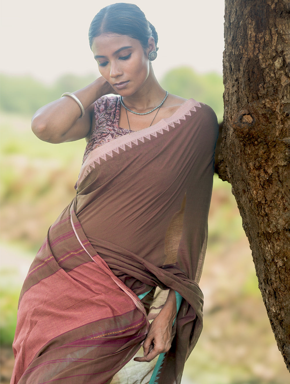 Bengal Weaves. Handwoven Soft Cotton Saree - Cocoa Breeze