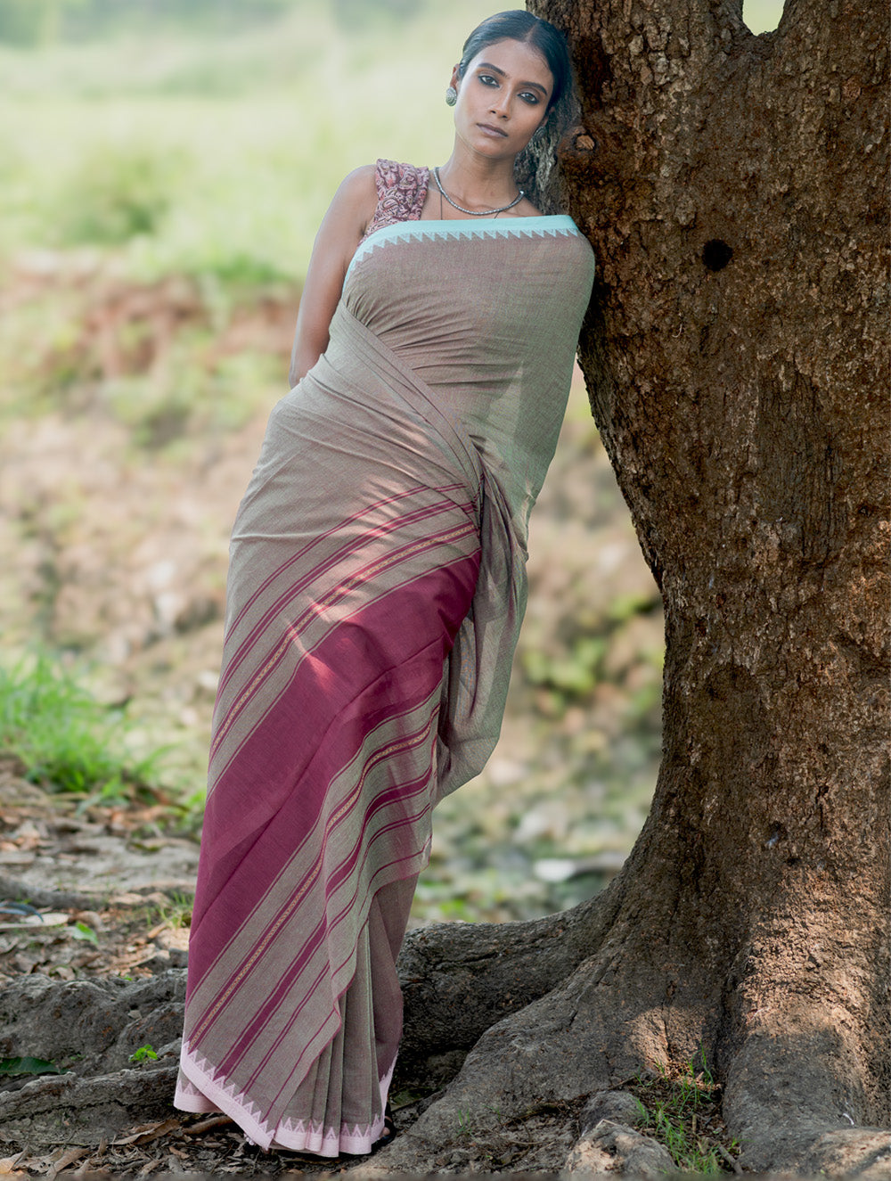 Bengal Weaves. Handwoven Soft Cotton Saree - Misty Taupe