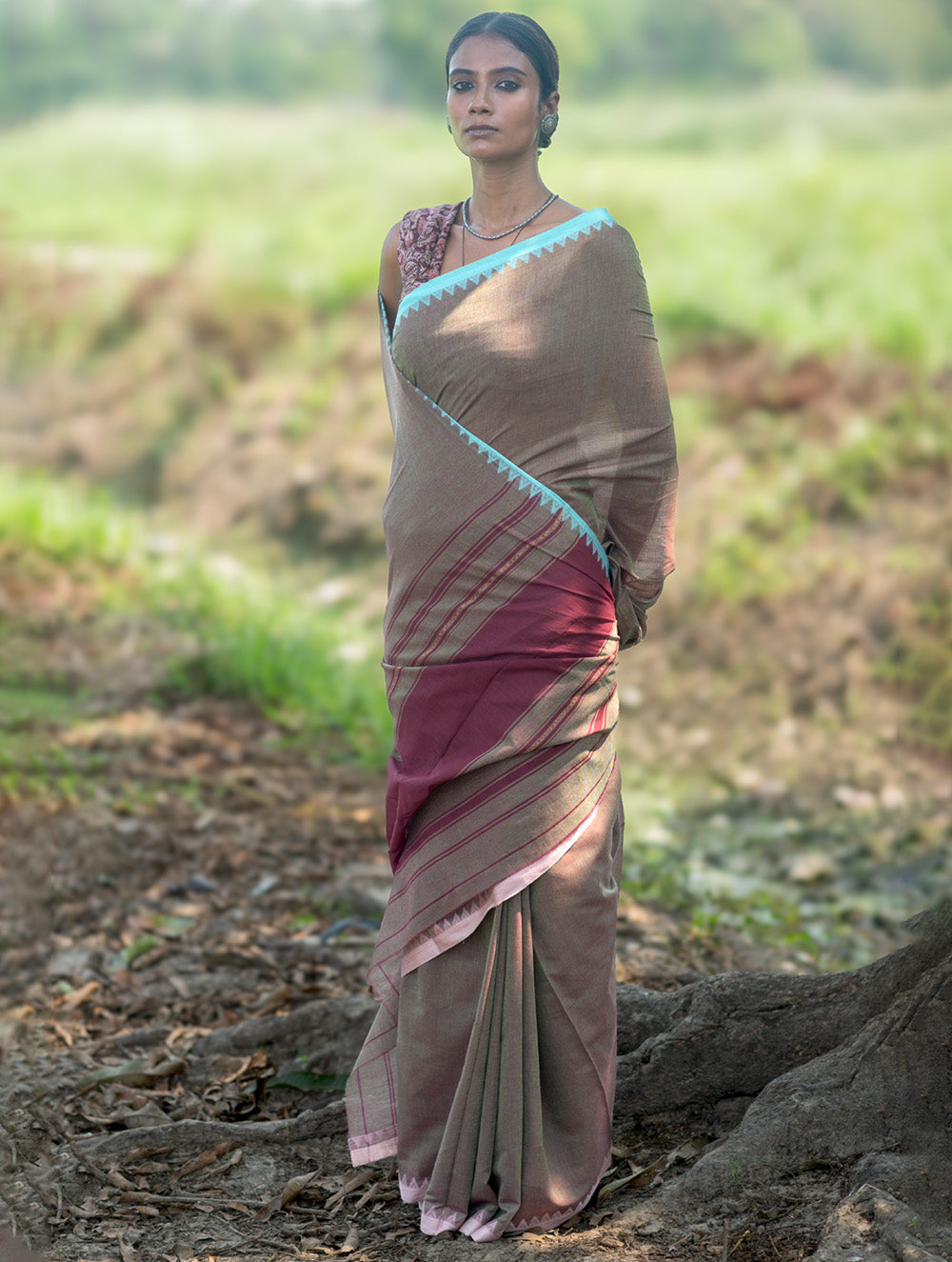 Bengal Weaves. Handwoven Soft Cotton Saree - Misty Taupe