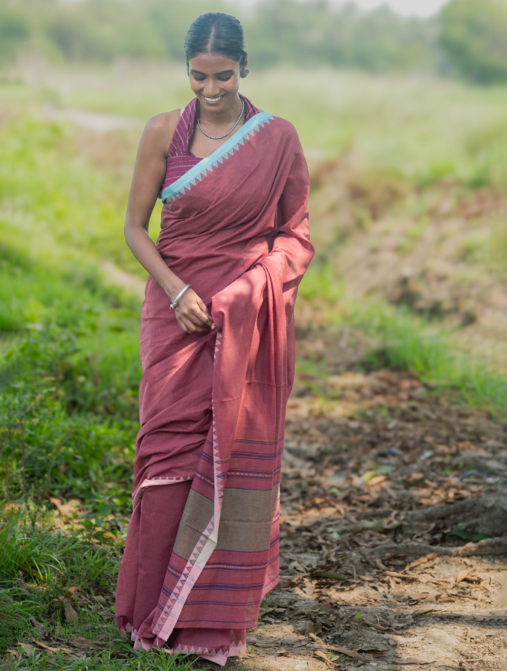 Bengal Weaves. Handwoven Soft Cotton Saree - Dusty Mocha