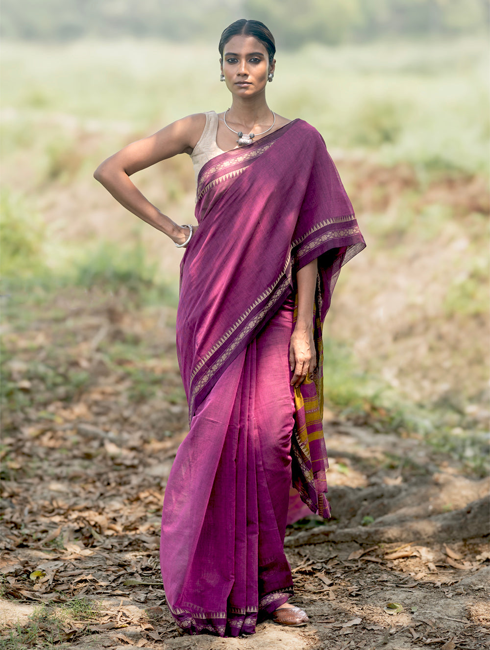 Bengal Weaves. Handwoven Soft Cotton Saree - Mulberry Borders
