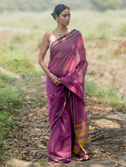Bengal Weaves. Handwoven Soft Cotton Saree - Mulberry Borders