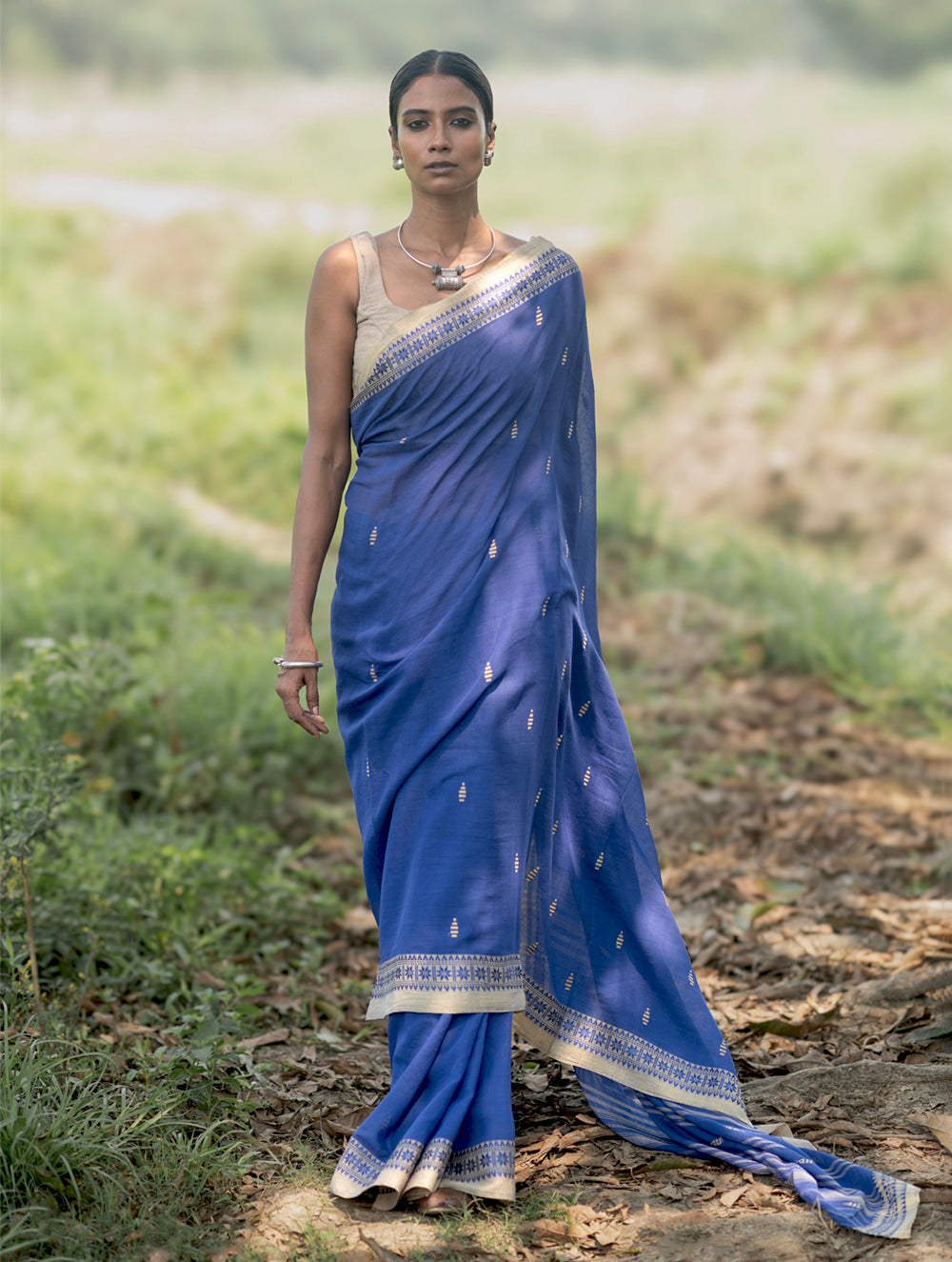 Bengal Weaves. Handwoven Soft Cotton Saree - Sapphire Meadow