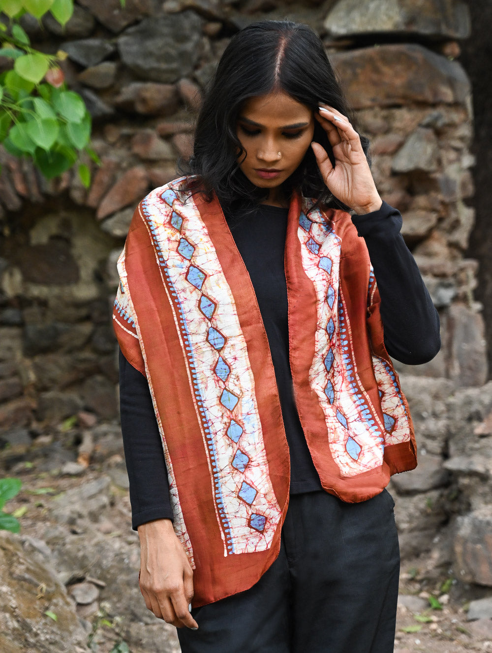 Light & Soft. Handcrafted Silk Batik Scarf - Terracotta Sky