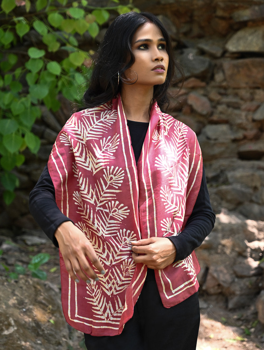 Light & Soft. Handcrafted Silk Batik Scarf - Rose Fern