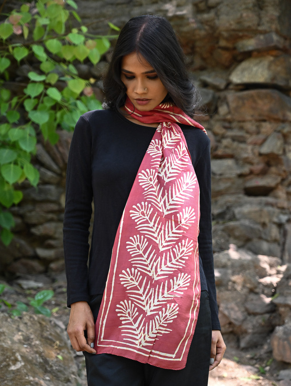 Light & Soft. Handcrafted Silk Batik Scarf - Rose Fern