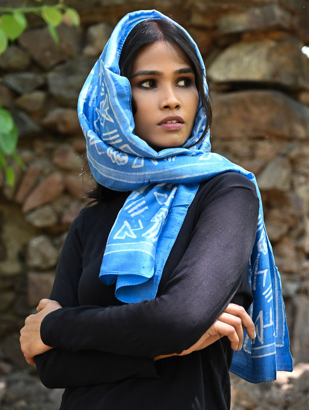 Light & Soft. Handcrafted Silk Batik Scarf  - Azure Script