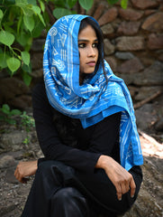 Light & Soft. Handcrafted Silk Batik Scarf  - Azure Script