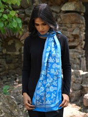 Light & Soft. Handcrafted Silk Batik Scarf  - Azure Script