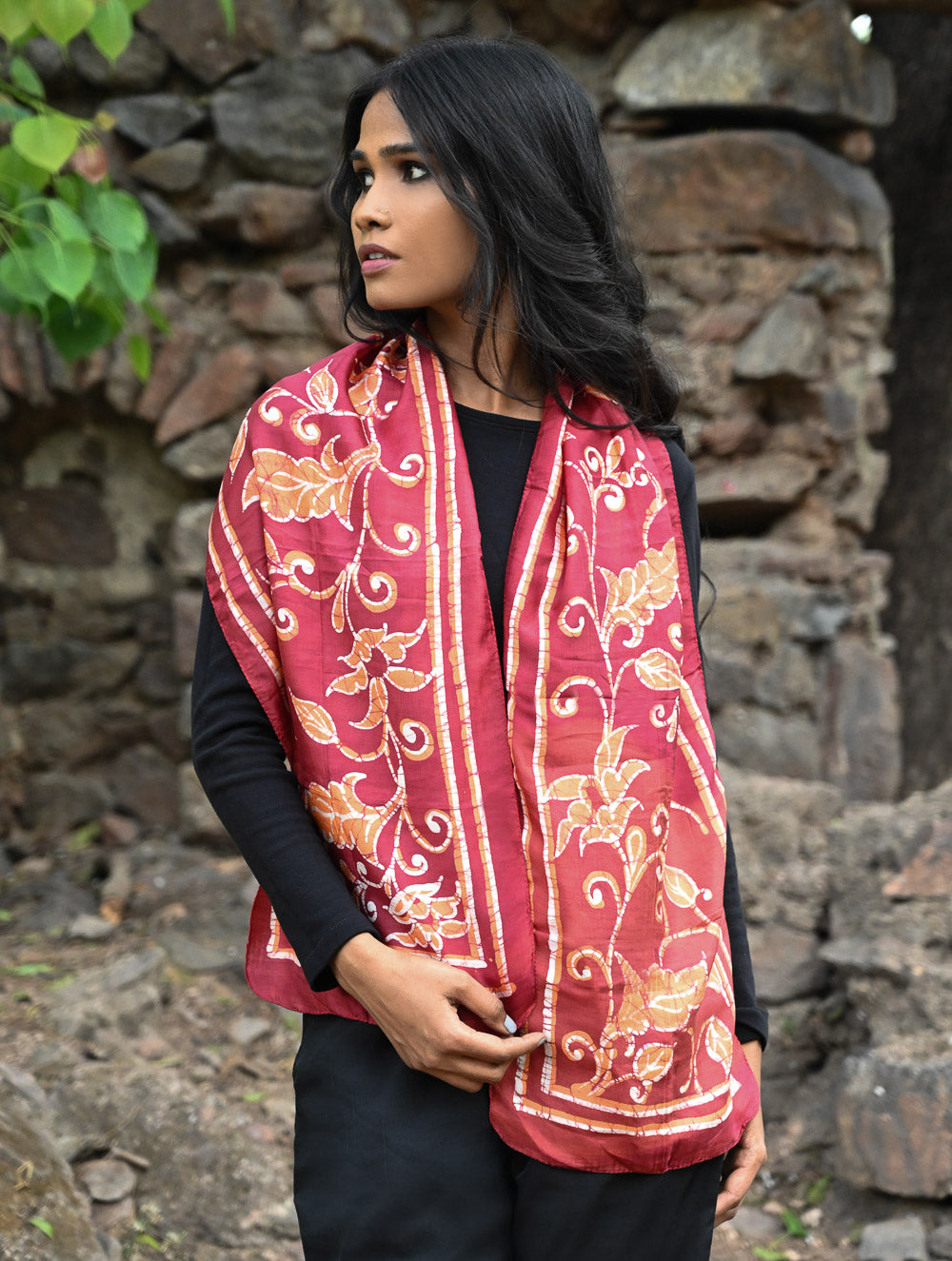Light & Soft. Handcrafted Silk Batik Scarf - Crimson Vine