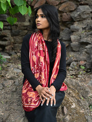 Light & Soft. Handcrafted Silk Batik Scarf - Crimson Vine