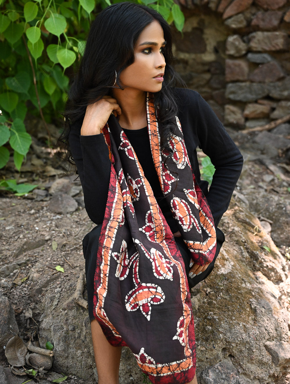 Light & Soft. Handcrafted Silk Batik Scarf - Ember Bloom
