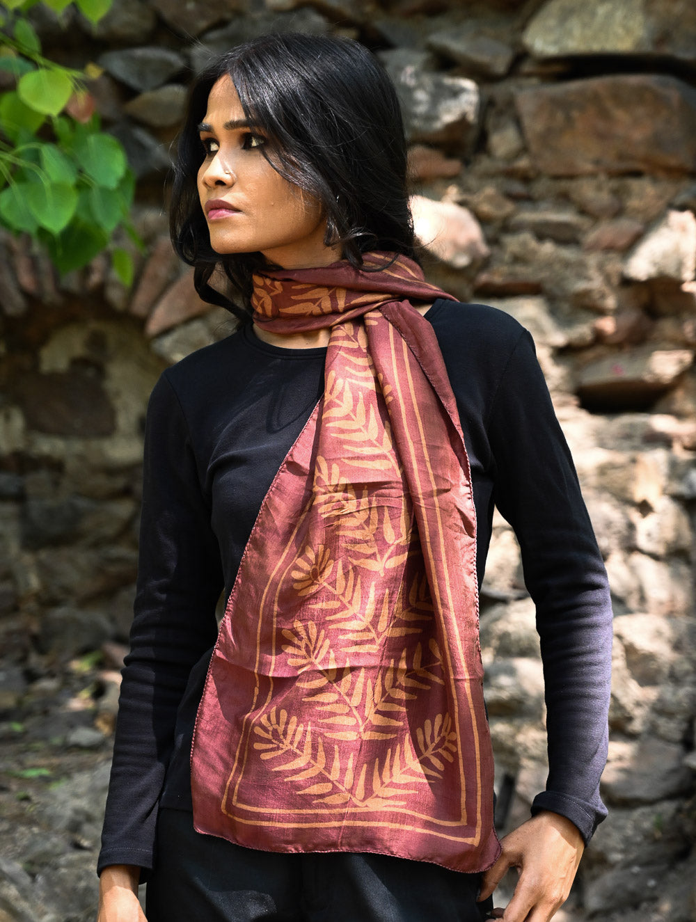 Light & Soft. Handcrafted Silk Batik Scarf - Cocoa Fern