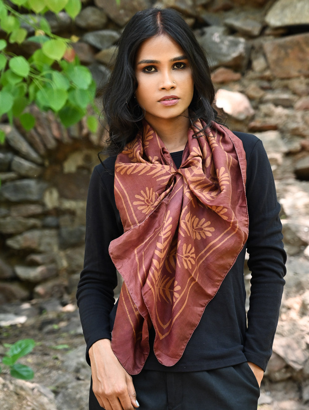 Light & Soft. Handcrafted Silk Batik Scarf - Cocoa Fern