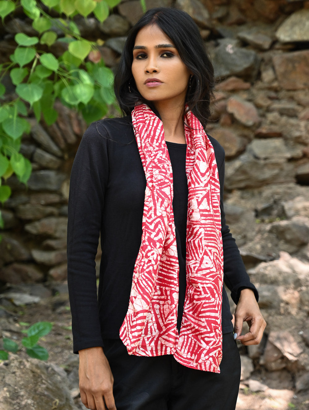 Light & Soft. Handcrafted Silk Batik Scarf - Coral Maze