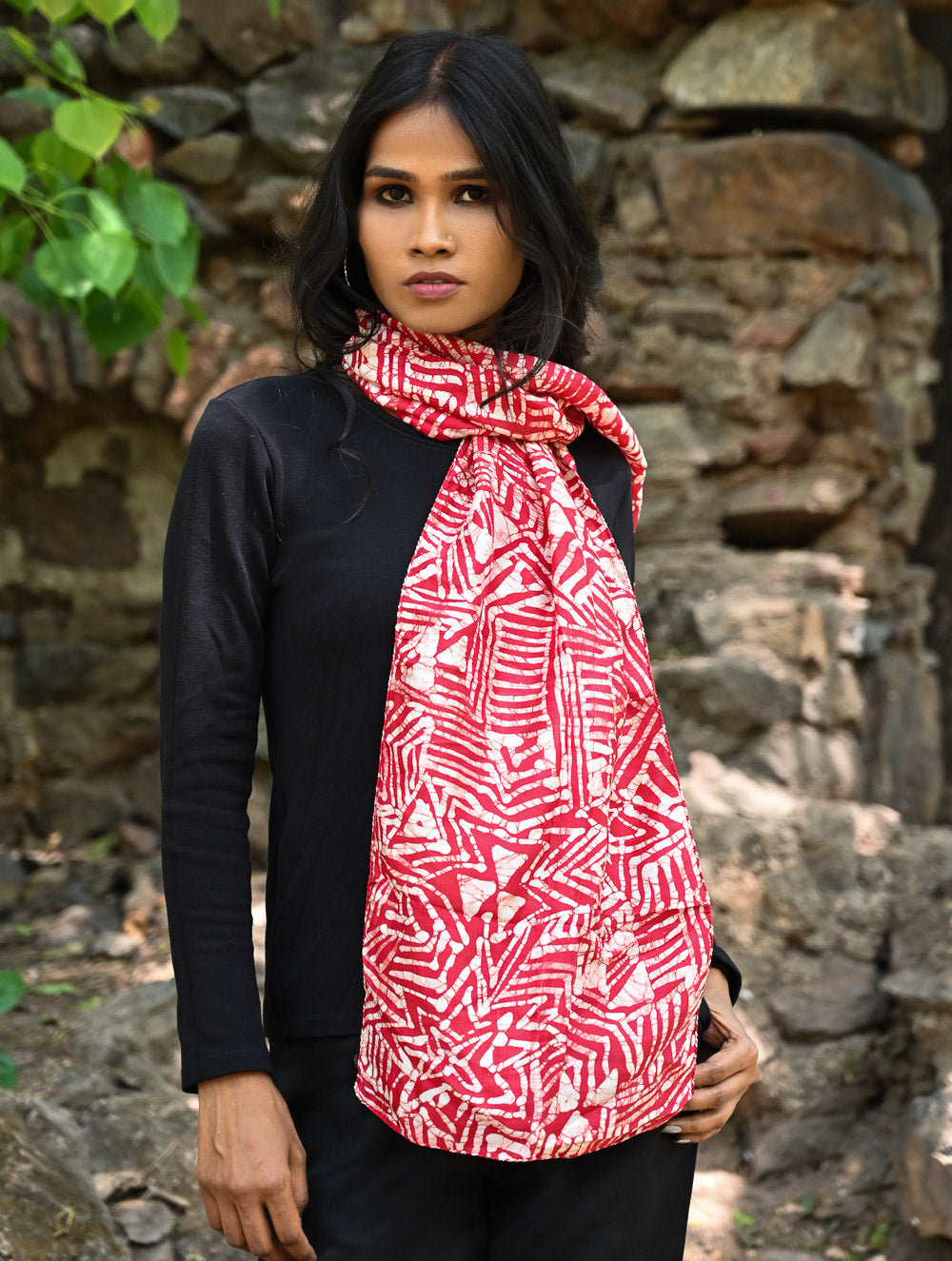 Light & Soft. Handcrafted Silk Batik Scarf - Coral Maze