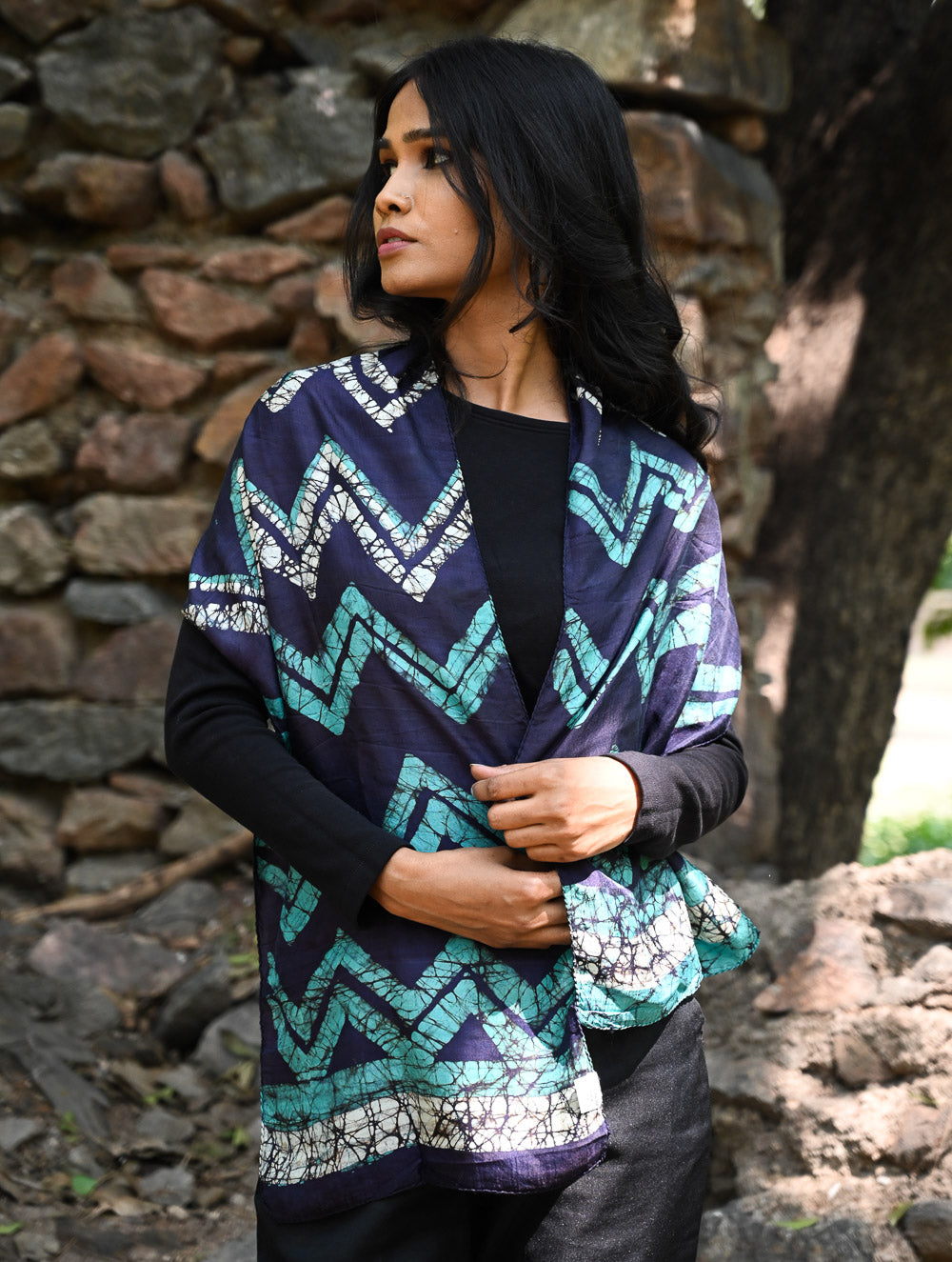 Light & Soft. Handcrafted Silk Batik Scarf - Midnight Tide
