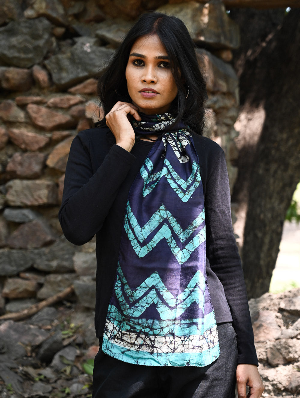 Light & Soft. Handcrafted Silk Batik Scarf - Midnight Tide