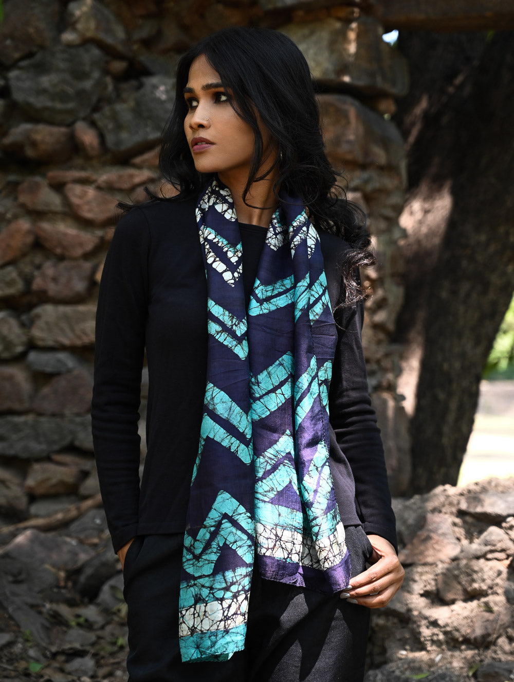Light & Soft. Handcrafted Silk Batik Scarf - Midnight Tide