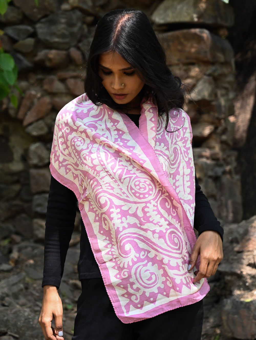 Light & Soft. Handcrafted Silk Batik Scarf - Mauve Vines