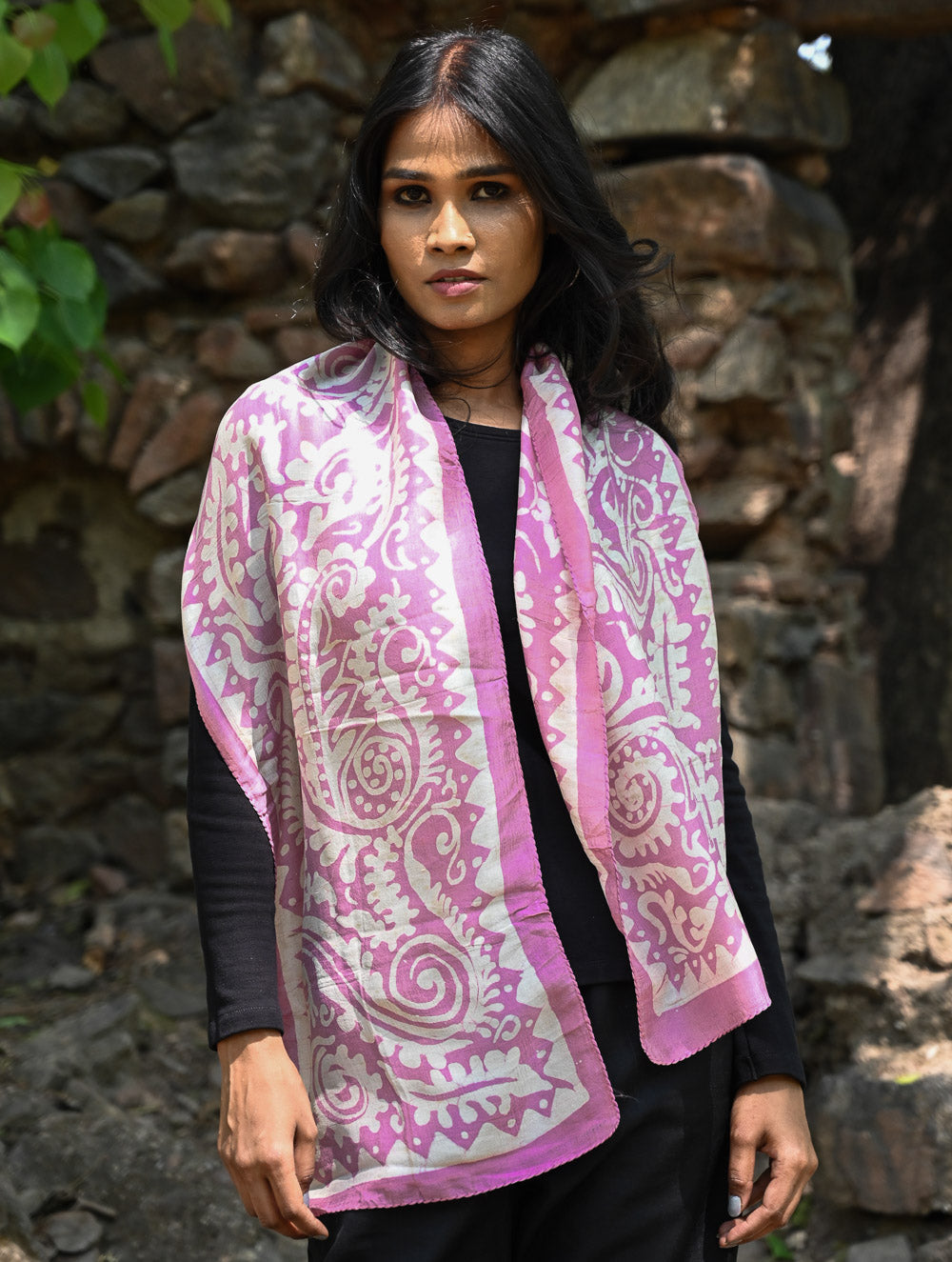 Light & Soft. Handcrafted Silk Batik Scarf - Mauve Vines