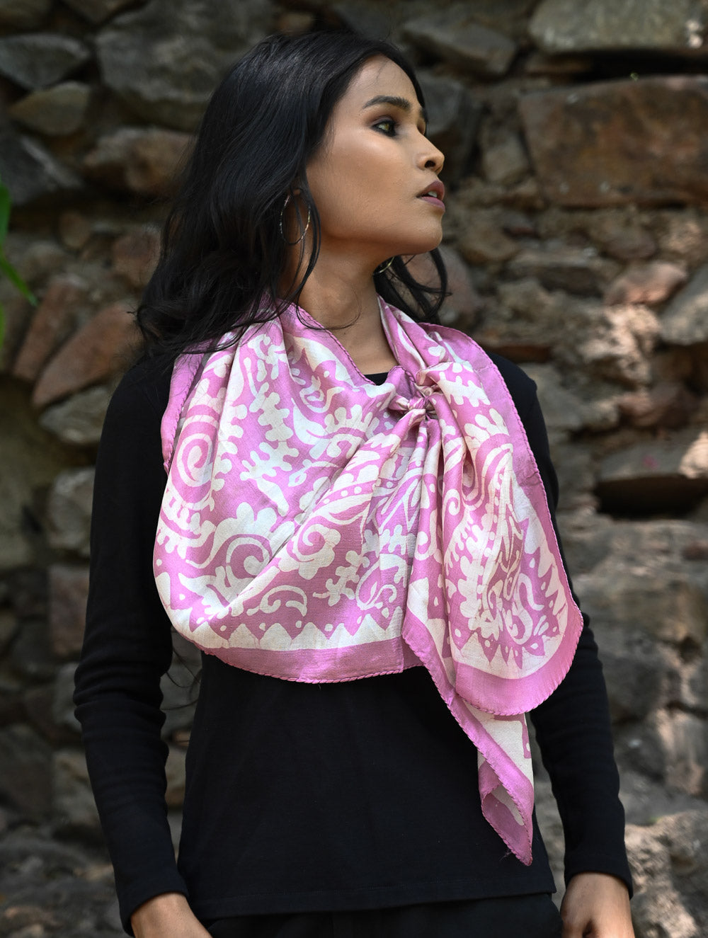 Light & Soft. Handcrafted Silk Batik Scarf - Mauve Vines
