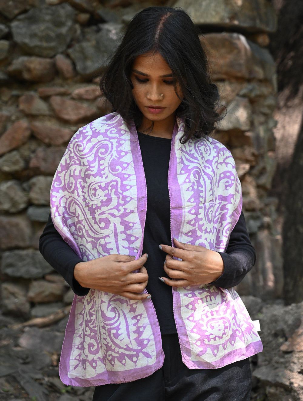 Light & Soft. Handcrafted Silk Batik Scarf - Lavender Vines